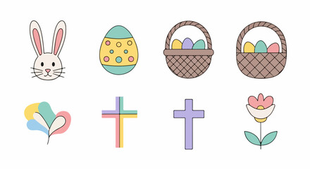 Easter icons set with bunny eggs baskets crosses heart and flower for spring celebrations