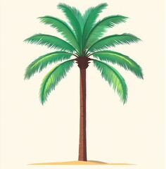Obraz premium Solitary tall palm tree with lush green fronds standing on a small sandy mound, evoking calm tropical serenity and a relaxed summer mood