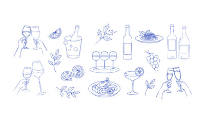 Fototapeta premium Elegant wine celebration line art with hands glasses and restaurant elements isolated vector, easily editable.