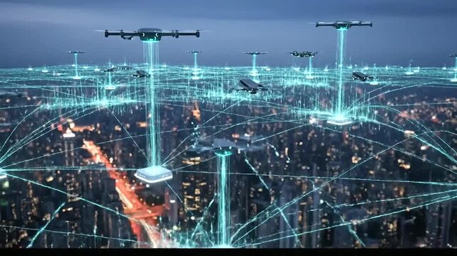 Futuristic cityscape with drones and network infrastructure at dusk.