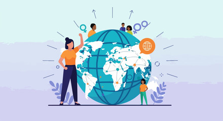 Diverse group of people collaborating around a large globe with various icons and symbols surrounding it representing global unity and teamwork in a modern flat design
