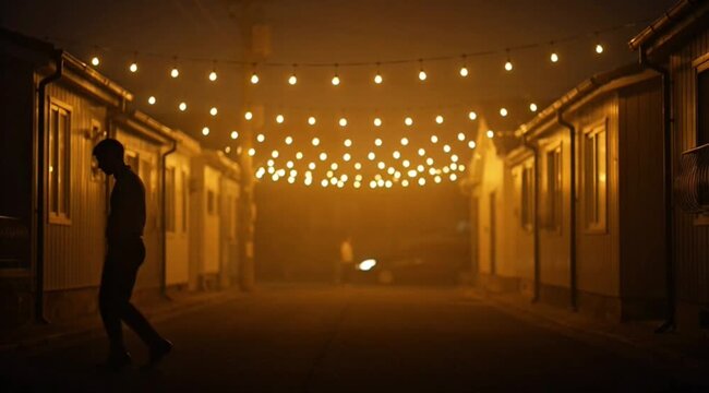 Quiet residential street with warm lights during takbir night