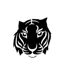 Fototapeta premium This image is a stylized black and white vector silhouette of a tiger head, often used as a graphic logo or tribal tattoo design. 