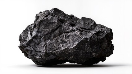 Obraz premium Large jagged dark rock formation with rough texture and visible cracks, isolated on a white background, showcasing natural stone structure and geological detail.