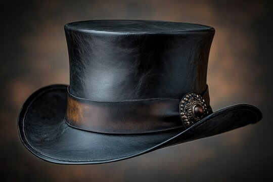 black leather top hat with brown band and ornate metal concho, elegant vintage and mysterious mood
