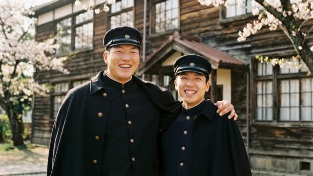 桜の木の下で肩を組み笑い合う大正時代の日本人男子学生