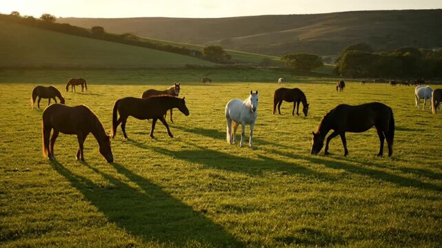 Horses graze peacefully in the green meadow as the sun sets.