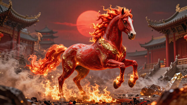 Red Horse portrait Small Quartz Fire Action background | Commercial | Majestic | Background for a Chinese New Year project  | Luxury Quartz, Fire smoke,embers, ashes hot