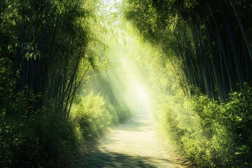 Obraz premium Bamboo forest pathway illuminated by sunlight creates a serene escape in nature