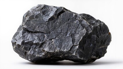 Obraz premium Large jagged dark rock formation with rough texture and visible cracks, isolated on a white background, showcasing natural stone structure and geological detail.