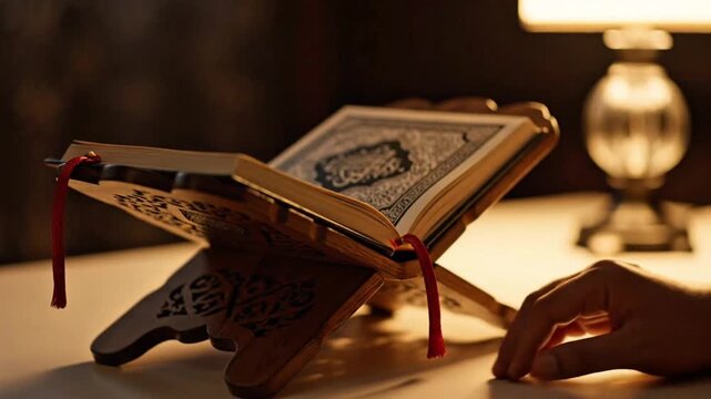 Open Quran on wooden stand with warm lamp light at night