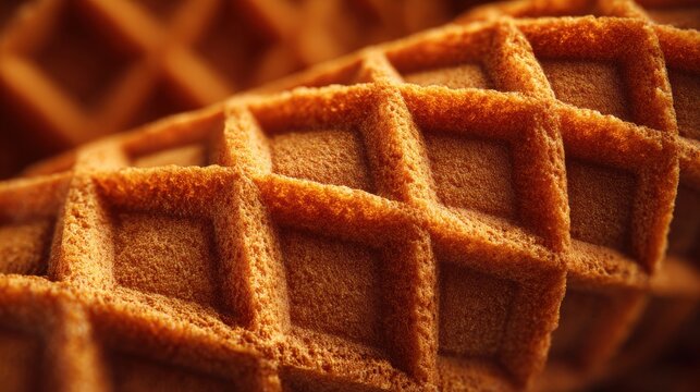 Close-up macro shot of golden brown crispy Belgian waffle with grid pattern