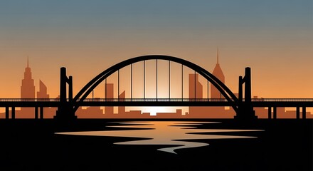 Obraz premium Silhouette of city bridge at sunset.