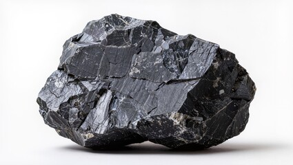 Obraz premium Large jagged dark rock formation with rough texture and visible cracks, isolated on a white background, showcasing natural stone structure and geological detail.