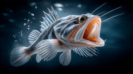 Fototapeta premium Fish swimming in water with mouth open, displaying its teeth and gills