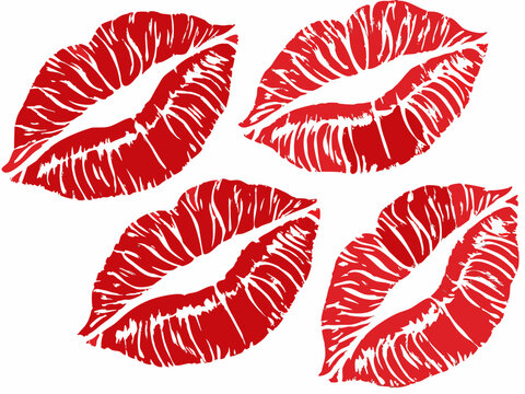 Four red lipstick kiss marks on a white background Vector