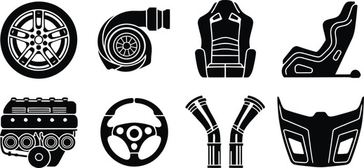 Auto Tuning and Racing Car Parts Silhouette Icon Set