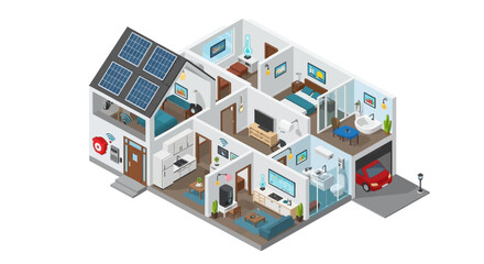 Fototapeta premium Cutaway isometric view of an automated smart home showcasing advanced technology, solar power, and connected living spaces