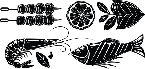 Seafood and Barbecue Grilled Food Vector Illustration