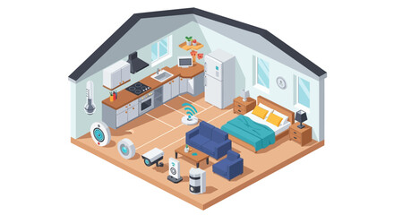 Fototapeta premium Isometric illustration of smart home technology with integrated devices for modern living and automation in a residential interior