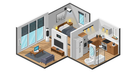 Isometric illustration of a smart modern apartment layout featuring integrated technology and contemporary interior design for connected living.
