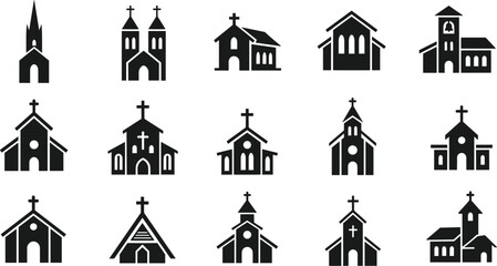 Obraz premium Church Building Silhouette Icon Set with Christian Religious Architecture Symbols for Faith, Worship, and Spiritual Design Projects