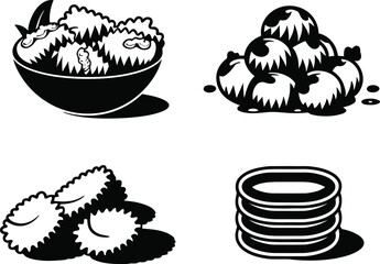 Assorted Asian Street Food and Snacks Vector Icon Set