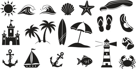 Obraz premium Black and white beach icons including sun waves palm trees and nautical symbols