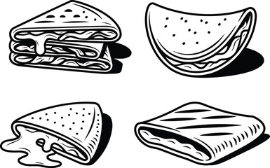 Hand drawn folded crepes, quesadillas, and stuffed flatbreads outline vector illustration