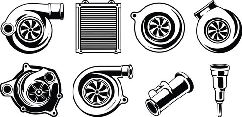 Car engine turbocharger and auto parts vector illustration