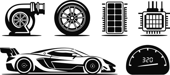 Automotive performance parts, electric vehicle technology and sports car vector icon set