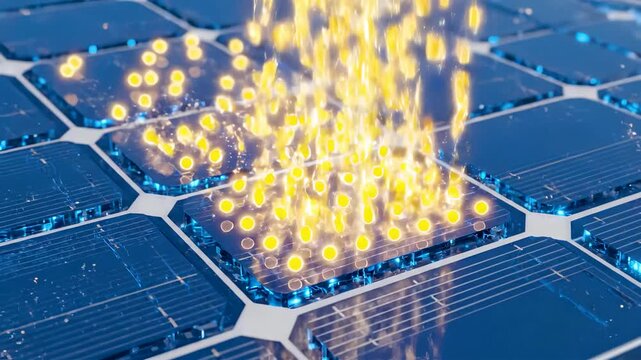 Photovoltaic Effect in Solar Panel Showing Sunlight Striking Silicon Lattice, Freeing Electrons and Generating Direct Current Energy