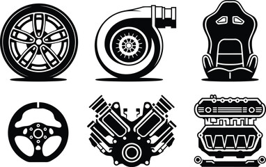 Auto Tuning and Racing Car Parts Silhouette Icon Set