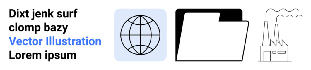 Obraz premium Digital economy, file storage, manufacturing, global network, business management, data systems. Icons of a globe, folder factory. Global network and file storage