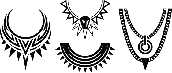 Tribal Necklace and Ethnic Jewelry Silhouette Vector Icons