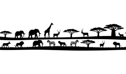 African Landscape Silhouette Seamless Border with Savannah Wildlife Vector on White © Wahida