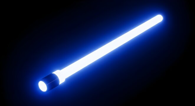 A glowing blue light saber with a cylindrical hilt and a long thin blade emitting a bright light on a dark background ideal for sci fi movies fantasy stories and gaming accessories