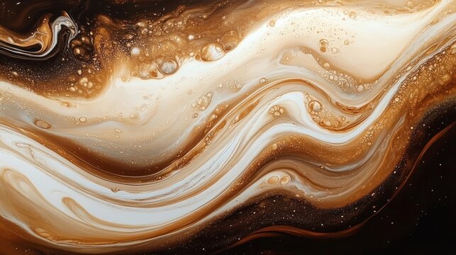 warm brown and cream fluid marble with gold speckles and bubble cells, flowing smooth waves evoking calm and luxury