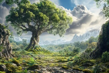 Obraz premium Majestic tree stands tall in a lush green valley surrounded by mountains and clouds