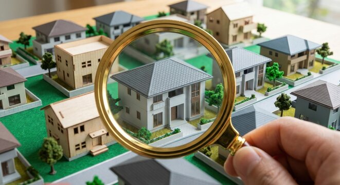 A hand holding a magnifying glass over a miniature model of a neighborhood with a focus on a single house
