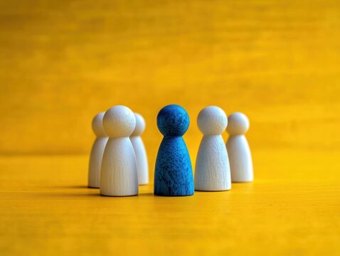 blue wooden peg figure surrounded by four white wooden peg figures on a bright yellow surface, conveying individuality, isolation and standing out from the group