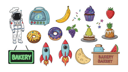 Galactic Bakery: A whimsical illustration showcases a charming bakery concept with an astronaut chef alongside an array of delicious treats. © Nadim