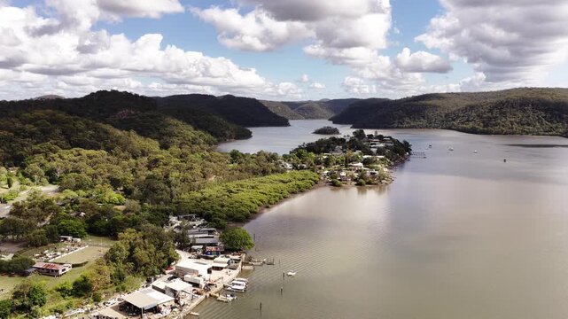 Mooney Mooney Aerial landscape over Hawksbury river Broken Bay in Australia.