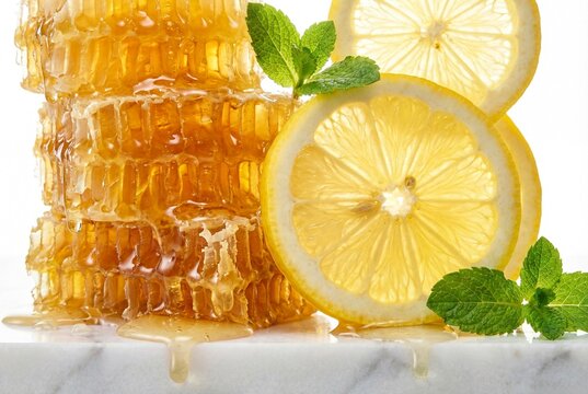 Healthy Honeycomb Composition with Fresh Lemon Slices and Mint