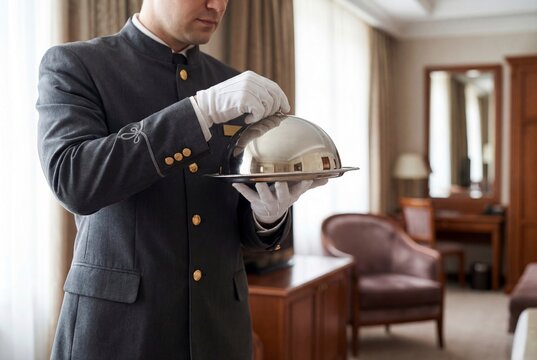 Professional Butler Holding a Polished Silver Cloche in Luxury Hotel