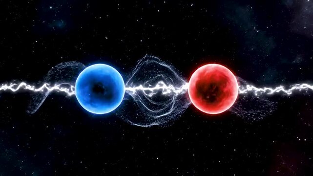 Quantum Entanglement Showing Two Subatomic Particles Mirroring Spin States Across Distance with Light Beam and Fluctuating Space
