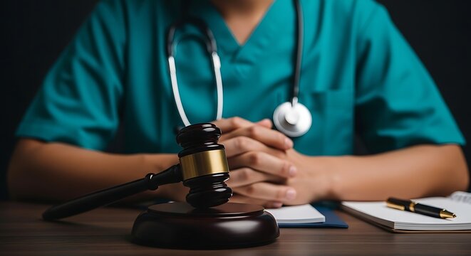 Medical professional in courtroom setting for malpractice or healthcare law