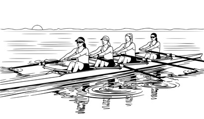 Stylized black-and-white rowing team vector illustration showing four athletes and water ripples at sunrise © BijoyChandra