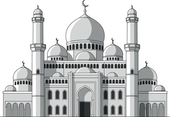 Black and white mosque architecture illustration with domes and minarets Islamic building outline vector for religious design projects © SHADHANARANI