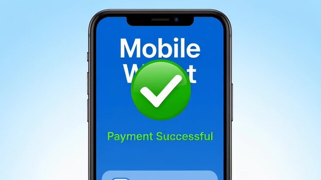 Smartphone Wallet Payment Confirmation Display Showing Successful Transaction Indicator on Blue Screen.